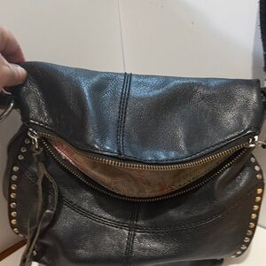 The Sak Black Leather Crossbody Bag with Gold Studs